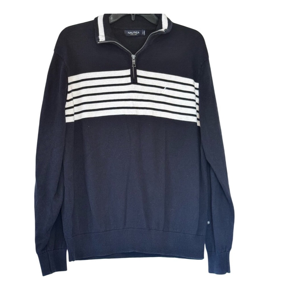Nautica Mens Quarter Zip Sweater Navy Blue White Striped Cotton Mock Neck Large